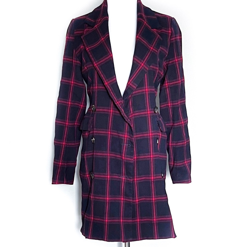 REHAB DOUBLE BREASTED Plaid Navy Red Windowpane Cotton Coat Overcoat Siz…